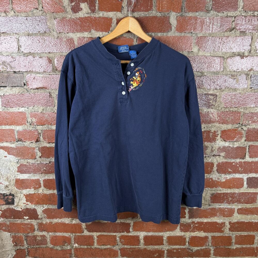 Vintage Winnie The Pooh Shirt Womens Large Blue Henley Pooh Tigger Piglet 90s